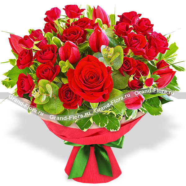 Любовь - букет из красных роз и тюльпанов